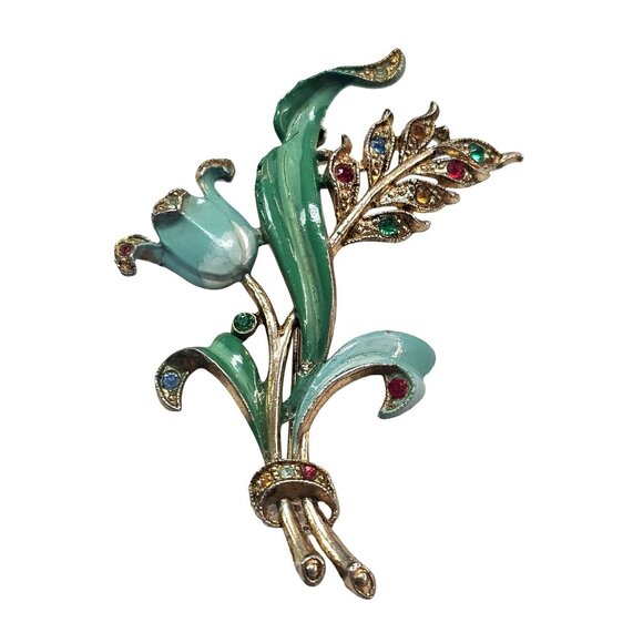 Vintage Enamel Tulip Brooch With Rhinestones Gold-Tone Floral Pin Green & Multic - Picture 1 of 16